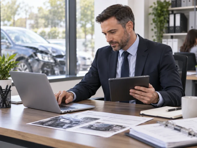 Claims manager reviewing vehicle settlement documents and damage photographs after a write-off