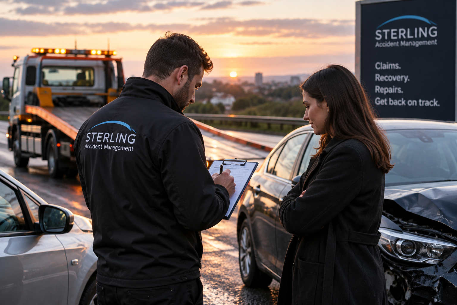 Driver reviewing accident recovery arrangements and claim details beside a damaged car and recovery truck