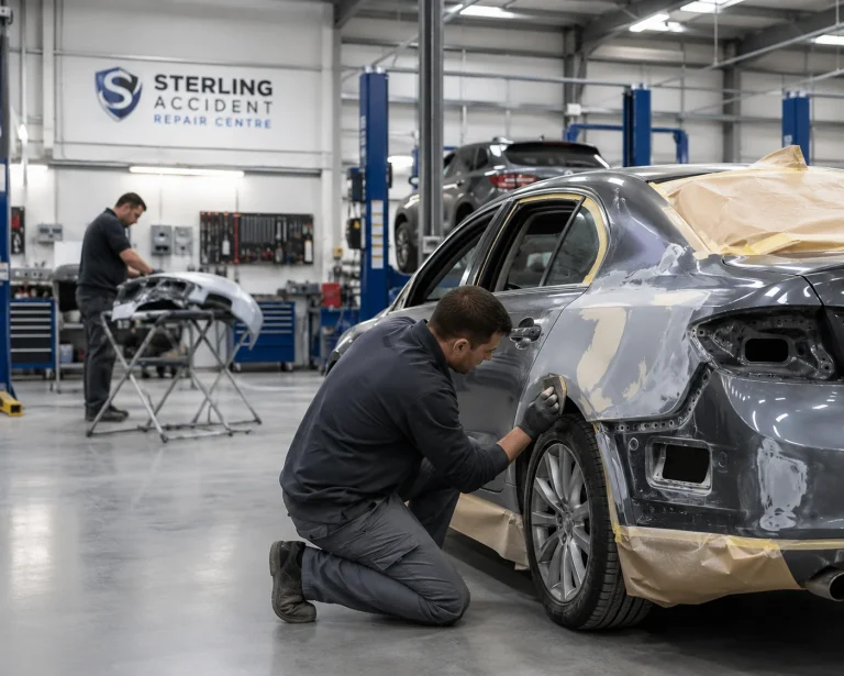 Accident repair workshop with a car under preparation and technicians working on panel repairs