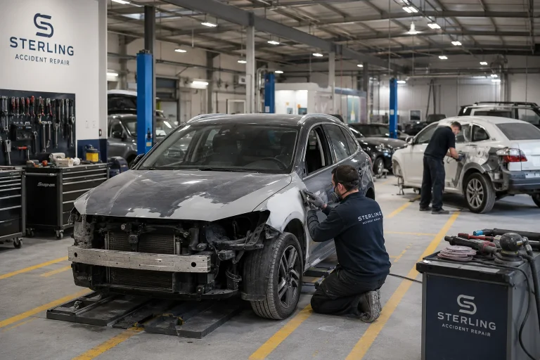Body repair technician masking a panel in preparation for refinishing work