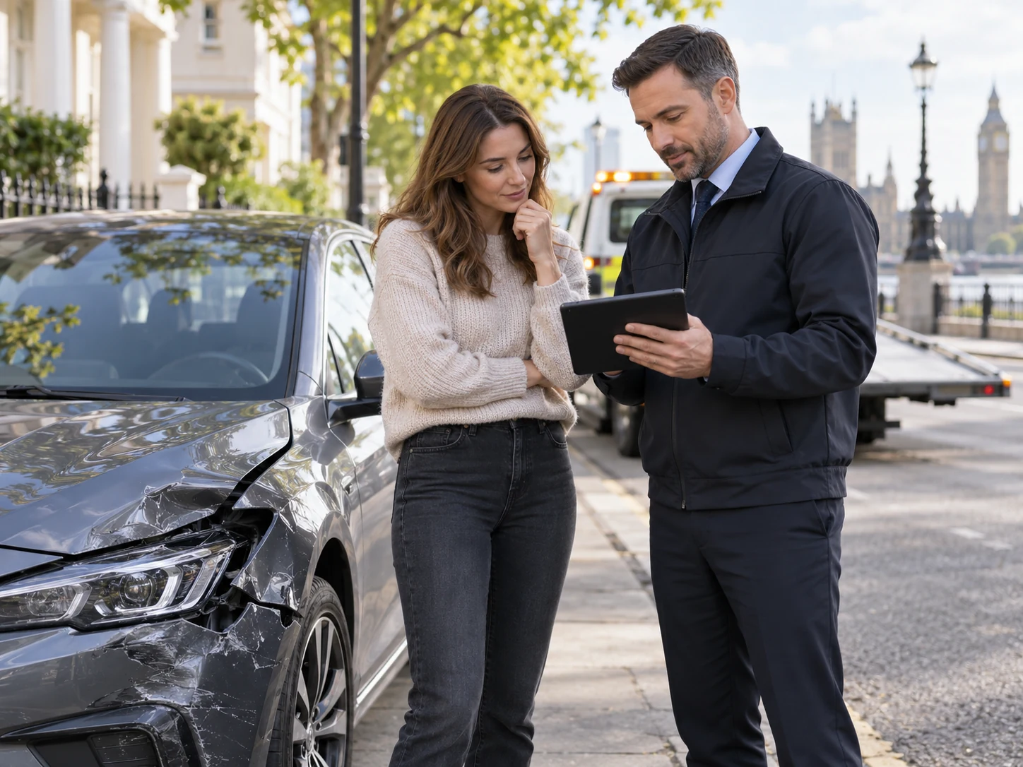 Driver reviewing car accident claim details with a claims specialist beside a damaged vehicle