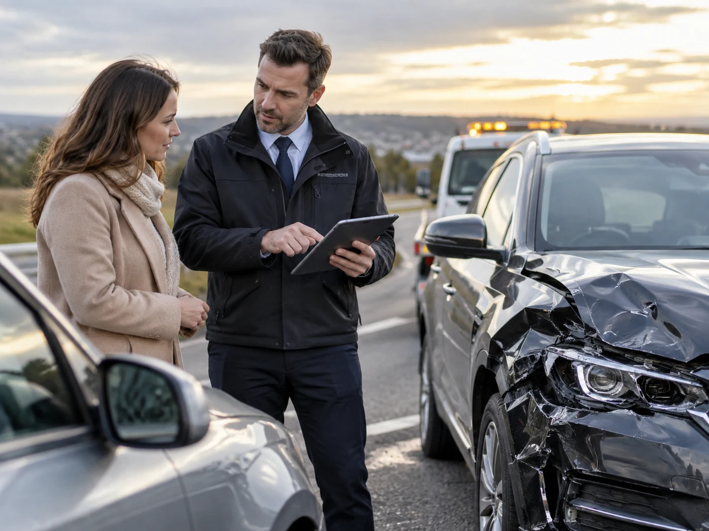 Accident management specialist discussing vehicle damage and next claim steps with a driver