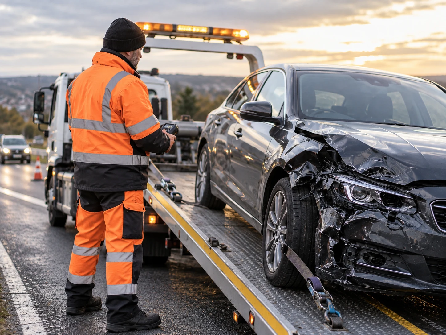 Accident-damaged car being recovered safely onto a vehicle transporter after a collision