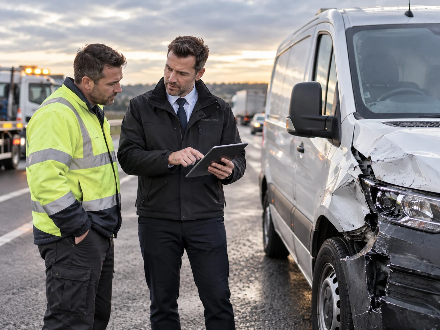 Fleet accident manager reviewing vehicle damage and incident details at the roadside