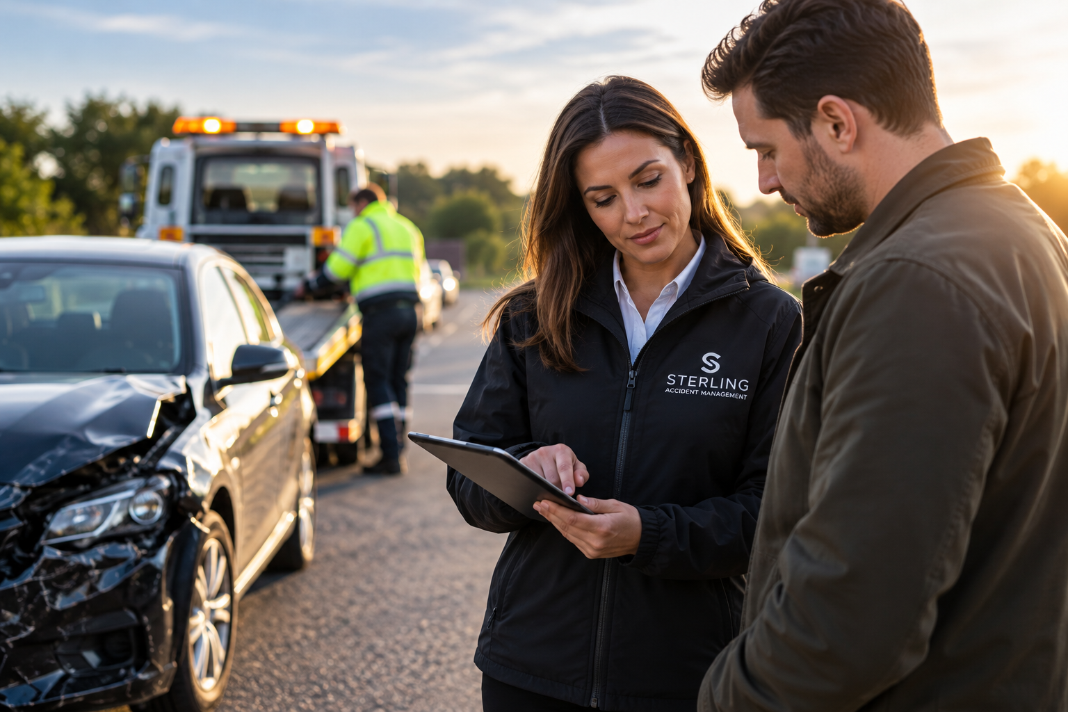 Accident management specialist reviewing vehicle damage and case details with a driver