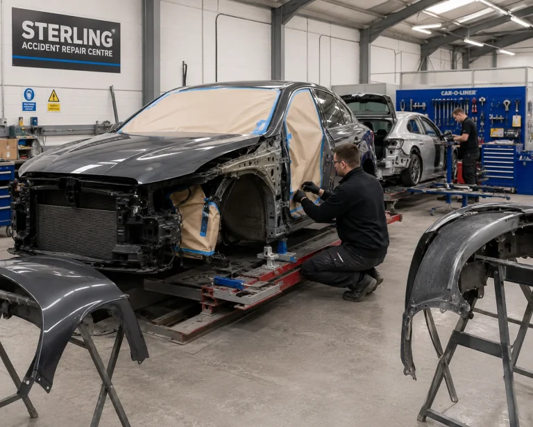 Cleaned and repaired car being handed back to its owner outside a repair centre