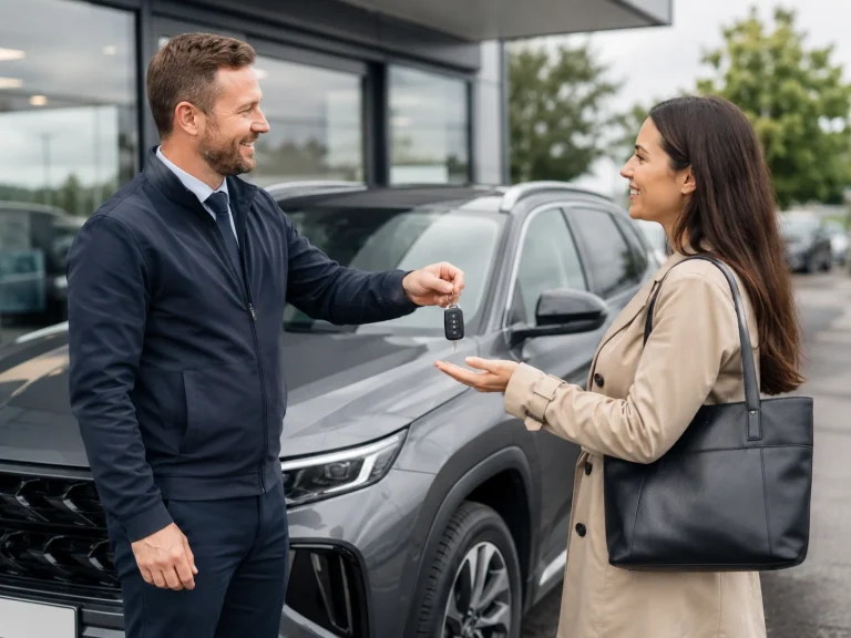 Customer receiving the keys to a replacement vehicle from a Sterling Accident representative