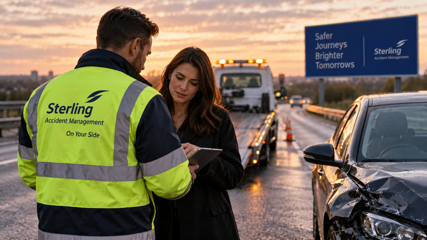 Licensed taxi driver receiving accident claim support beside a collision-damaged vehicle