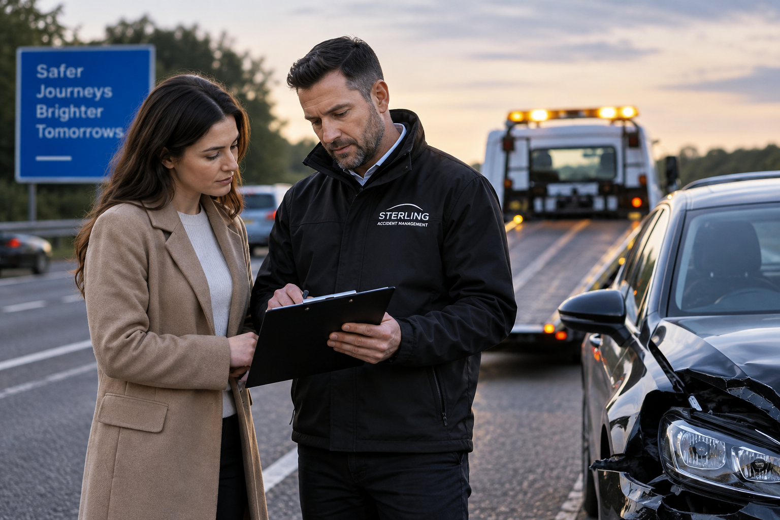 Driver reviewing a third-party accident claim and vehicle damage with a claims coordinator