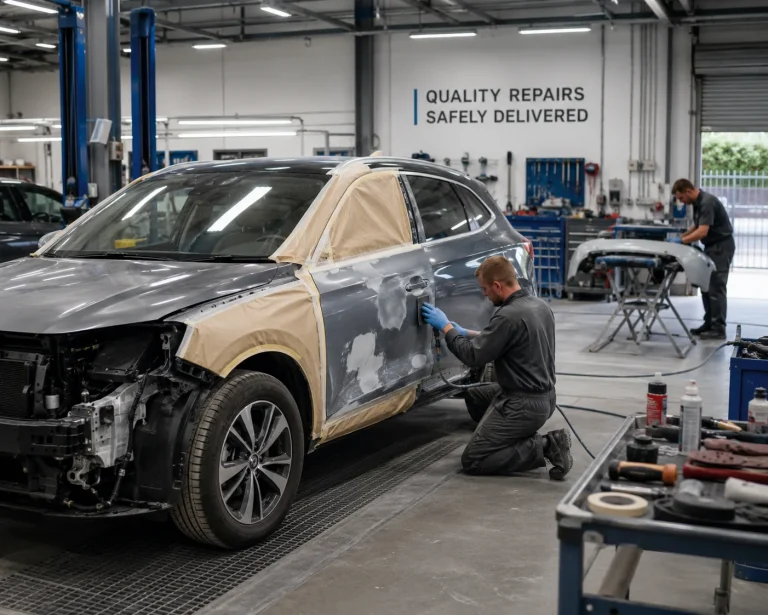 Inspector checking panel gaps and paint finish on a repaired vehicle under workshop lighting